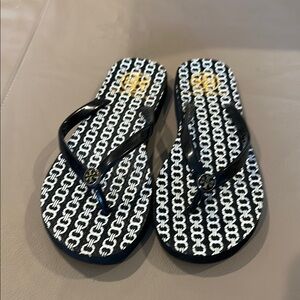 Black and White Flip Flops with Gold Accent